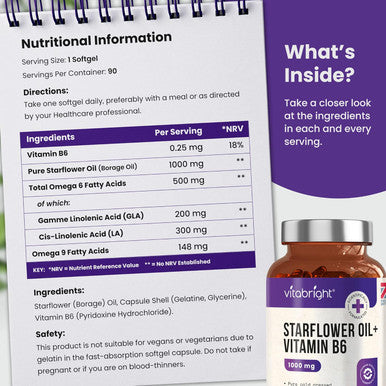 Vitabright Starflower Oil Capsules 1000mg 3 Months High GLA Borage Oil Capsules with Vitamin B6 Cold Pressed Star Flower Oil Capsules (1000mg Softgels) Vitabright Starflower Oil Capsules High Strength