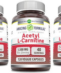 Amazing Nutrition Formulas Acetyl L-Carnitine 1500 Mg Per Serving Veggie Capsules Supplement | Non-GMO | Gluten | Made in USA | Suitable for Vegetarians (120 Count) | Pack of 3