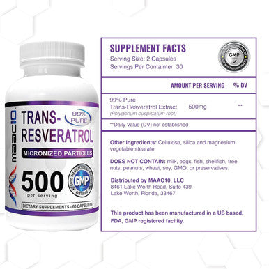 Maac10 Trans Resveratrol 500Mg Supplement (Micronized Pharmaceutical Grade 99% Pure Trans-Resveratrol Extract + Bioperine For Superior Absorption) (2X 250Mg Capsules 60Ct)