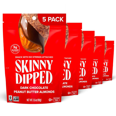 SkinnyDipped Dark Chocolate Cocoa Almonds, Healthy Snack, Plant Protein, Gluten Free, 3.5 oz Resealable Bags (Pack of 5)