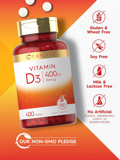 Carlyle Vitamin D3 | 400iu (10mcg) | 400 Tablets | Value Size | Vegetarian Non-GMO and Gluten Formula | Vitamin D Supplement