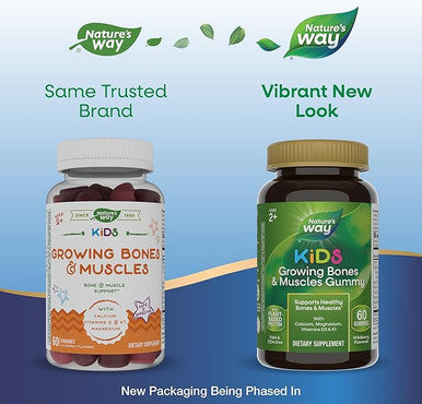 Nature's Way Kids Growing Bones & Muscles Gummies, Supports Healthy Bones & Muscles*, Calcium, Magnesium, Vitamins D3 & K1, Ages 2+, Wildberry Flavored, 60 Gummies (Packaging May Vary)