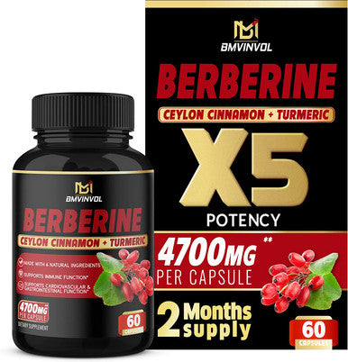 Berberine Supplement 4700mg High Potency with Ceylon Cinnamon Turmeric Cardiovascular Gastrointestinal Immune Support Berberine HCl Supplement Pills