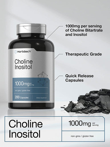 Choline Inositol 1000 mg | 200 Capsules | Non-GMO, Gluten Free Supplement | by Horbaach