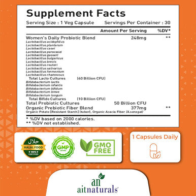 Aitnaturals Probiotics Women's-50 Billion (30 Capsules) | 15 Probiotics + Organic Prebiotic Fiber Promotes Digestive Wellness Support Immune System Bloating Bowel Movement Vaginal & Urinary Health