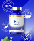 Carlyle Vitamin B12 500mcg | 500 Tablets | Vegetarian, Non-GMO, Gluten Free