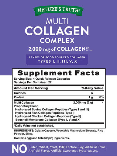Multi Collagen Protein Capsules | 90 Count | Type I, II, III, V, X | Collagen Peptide Pills | Gluten Supplement | by Nature's Truth