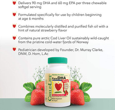 ChildLife Essentials Pure DHA Dietary Supplement - DHA for Kids, Supports Healthy Brain Growth & Function, All-Natural, Gluten-, Kids DHA Supplement - Natural Strawberry Flavor - 90 Count (Pack of 4)
