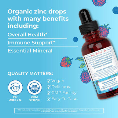 Maryruth Organics Zinc Supplements for Immune Support Liquid Zinc Supplement Immune Support Supplement for Kids Ages 4-13 Zinc Sulfate Vegan USDA Organic Glycerin Based 2 Fl Oz