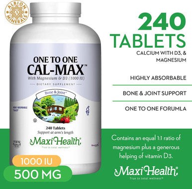 Maxi Health 500 mg Calcium Supplement with Vitamin D3 (1000 IU) and Magnesium (500 mg) - Bone Teeth and Joint Support for Men and Women - 240 Tablets - One to One Cal-Max by Maxi Health
