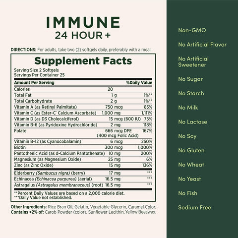 NatureS Bounty Immune 24 Hour + The Only Vitamin C With 24 Hour Immune Support From EsterC 1000 Mg Vitamin C D and Zinc Gluten Rapid Release Softgels 2 Softgels Per Day 50 Count