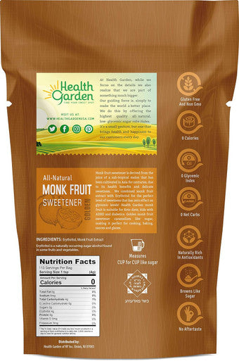 Health Garden Monk Fruit Sweetener Golden - Non Gmo - Gluten - 1:1 Sugar Substitute - her - Keto Friendly (1Lb 2-Pack)
