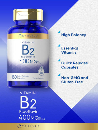 Carlyle Vitamin B-2 400mg | 180 Count | Non-GMO Gluten Supplement | Vitamin B2 Riboflavin