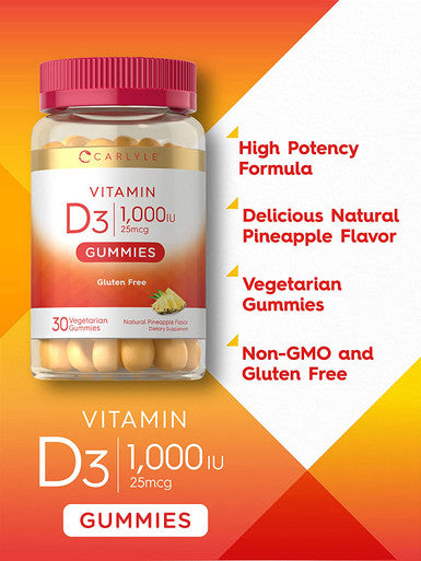 Carlyle Vitamin D3 Gummies | 1000 IU (25 mcg) | 30 Count | Vegetarian, Non-GMO, and Gluten Free Formula | Natural Pineapple Flavor