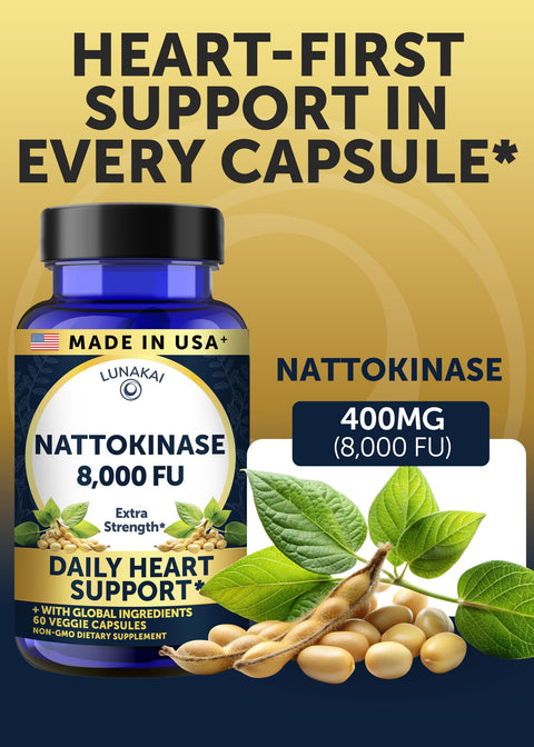 Lunakai Usa Made Nattokinase Supplement 400Mg Natto Enzyme 8000 Fu Per Serving Heart & Circulation Support Non-Gmo 60Ct 4000 Fu Capsule