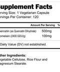 LongLifeNutri Quercetin 500Mg With Bromelain 100Mg 120 Vegetarian Capsules | Natural Antioxidant Supplement | Relief Complex | Dihydrate Pure Powder Extract Cap 500 Mg Plus