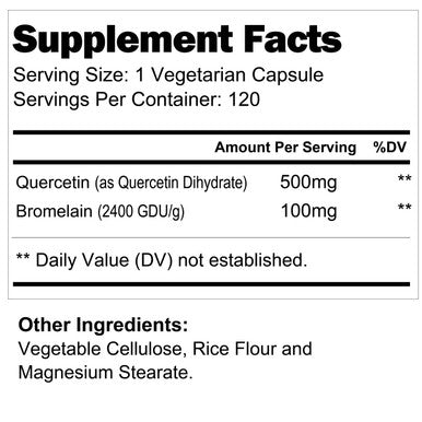 LongLifeNutri Quercetin 500Mg With Bromelain 100Mg 120 Vegetarian Capsules | Natural Antioxidant Supplement | Relief Complex | Dihydrate Pure Powder Extract Cap 500 Mg Plus