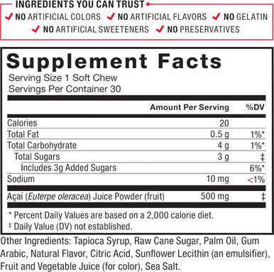 Force Factor Acai Soft Chews for Immune Support Oxidative Stress Defense Superfood and Antioxidants Supplement Non-GMO Gluten- and Vegan Acai Berry Flavor 30 Soft Chews 2-Pack