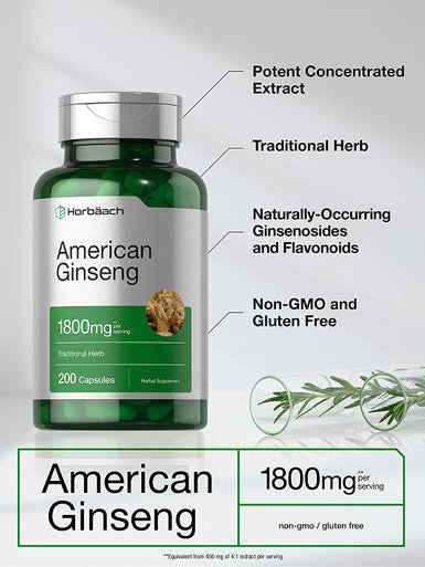 American Ginseng Capsules 1800 mg 200 Count Non-GMO Gluten Free Supplement Ginseng Root Extract Complex by Horbaach