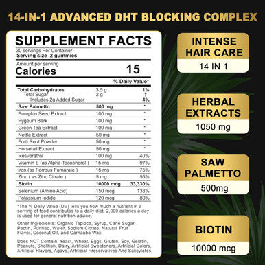 Dht Blocker Gummies Hair Growth Supplement, Super Potency Saw Palmetto & Biotin 10000 Mcg For Women & Men, Plus 12 Proprietary Blend - Prevent Hair Loss, Blocking Dht Receptors, Hormonal Balance