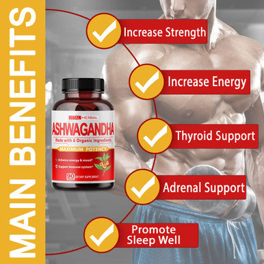 Organic Ashwagan Capsules Equivalent to 7050mg - Maximum Potency with L-Theanine Turmeric Rhodiola St. John's Wort Increase Strength Focus Mood Sleep Support - 90 Days Supply