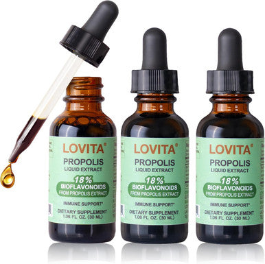 LOVITA Bee Propolis Liquid Extract 30 Day Supply 5:1 Resin Drops with 18% Bioflavonoids Alcohol Free Antioxidant Immune Support and Throat Soothing Gluten Free Non GMO