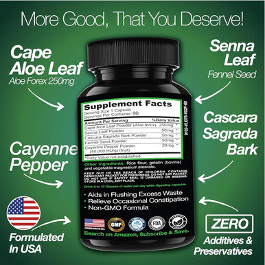 Saint Mingiano Cape Aloe Colon Cleanse, Detox & Flush - 90 Capsules. Gentle Constipation Relief And Bowel Movement Acting As Natural Herbal Laxative - Supports Bowel Movements For Digestive Health
