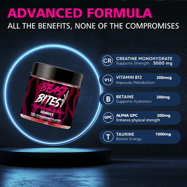 BEAST BITES Nutrition Creatine Monohydrate Gummies for Men & Women - 5g of Creatine Monohydrate per Serving - Sugar Free,Vegan, Strawberry Flavor, 135 Count (45 Servings)