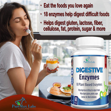 YUMMYVITE Digestive Enzymes - 18 Plant-Based Enzymes - Helps Digestion Of Difficult-To-Digest Foods Including Lactose, Gluten, Beans, Broccoli, Meat, Fat & Sugar - Stops Bloating, Gas & Reflux - 60 Capsules