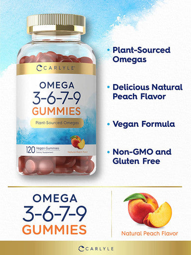 Carlyle Omega 3 6 7 9 Gummies | 120 Count | Vegan Plant Sourced Supplement | Peach Flavor