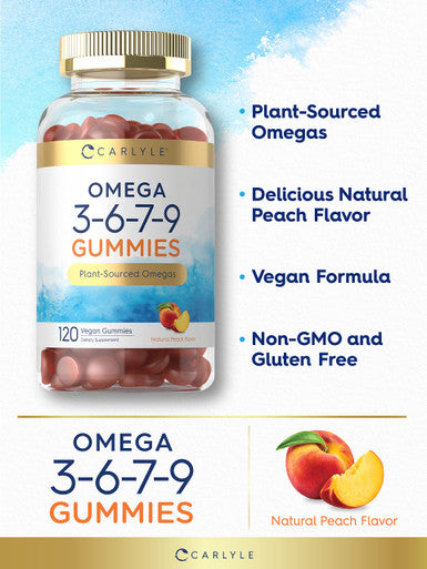Carlyle Omega 3 6 7 9 Gummies | 120 Count | Vegan Plant Sourced Supplement | Peach Flavor