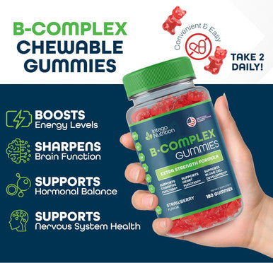 Vitamin B Complex Gummies For Adults, B Complex Vitamin Supplement For Women And Men, B Vitamins Complex Gummies For Energy And Brain Health, Natural Strawberry Flavor, 180 Count