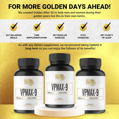 Golden After 50 Vpmax-9 - Sight Care And Antioxidant Supplement With Eye Vitamins, Lutein, Lycopene And Bilberry Extract - 60 Gelatin Capsules