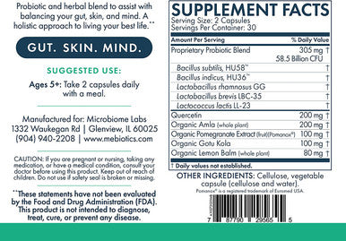 Mebiotics Probiotic & Herbal Supplement Dry 1 - Lactobacillus Rhamnosus + Lemon Balm for Skin + Gut Health - Oral Probiotics to Support Gut, Mind, & Skin - for Dry Skin Types (60 Capsules)