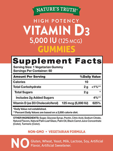 Vitamin D3 Gummies | 5000 IU | 60 Count | Vegetarian, Non-GMO & Gluten Supplement | Natural Peach Flavor | by Nature's Truth