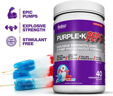 Fusion Muscle PURPLE K REPS - Explosive Strength Gains and Pump PRE-WORKOUT Formula - ROCKET POP, 40 Servings