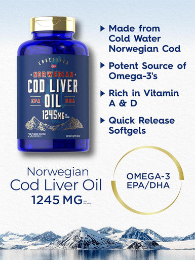 Carlyle Cod Liver Oil Softgels | 1245mg | 250 Count | Norwegian | Non GMO Gluten