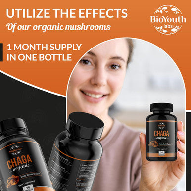 Bioyouth Chaga Capsules Organic Supplement | Supports Immune Health & Vitality | Daily Immune Support | Organic Chaga Mushroom Extract | 90 Capsules (1 Month Supply)