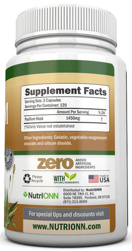 NutriONN PSYLLIUM Husk Capsules - 1450mg - 240 Capsules - Premium Psyllium Fiber Supplement - Great for Digestion and Regularity - 100% Soluble Fiber