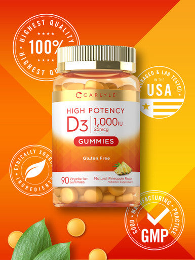 Carlyle Vitamin D3 1000Iu Gummies | 90 Count | Vegetarian, Non-Gmo, And Gluten Free Vitamin D Supplement | Natural Pineapple