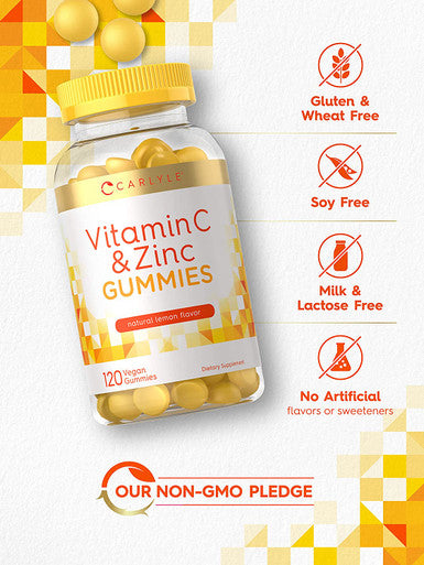 Carlyle Vitamin C and Zinc Gummies | 120 Count | Vegan , Non-GMO, Gluten Free Supplement | Natural Honey Lemon Flavor