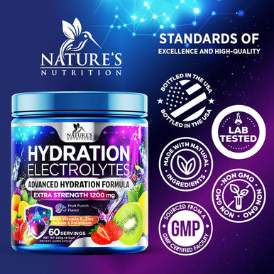 Nature'S Nutrition Daily Electrolyte Drink Mix - Best Multivitamin Hydration Supplement 6 Electrolytes & Minerals Post Workout & Recovery Electrolyte Powder Refreshing Fruit Punch Flavor Vegan Non-GMO - 60 Servings