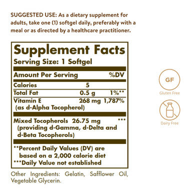 Solgar Vitamin E 268 Mg (400 Iu) (D-Alpha Tocopherol & Mixed Tocopherols) 100 Softgels - Supports Immune System & Skin Nutrition - Natural Antioxidant - Gluten Free Dairy Free - 100 Servings