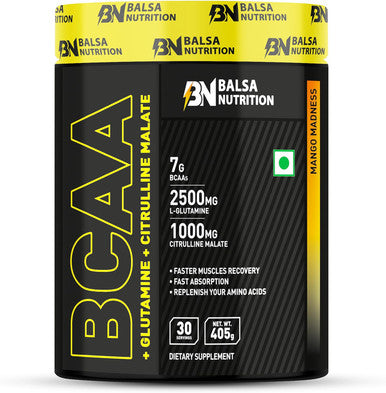 Balsa Nutrition BCAA With Glutamine + Citrulline Malate Powder- 405g, 30 Serving (Mango Madness) | Amino Acid For Muscle Recovery & Endurance, Boost Energy & Immune | Non- GMO
