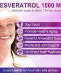 Resveratrol Gummies 1500Mg - Sugar Resveratrol Supplement With Quercetin, Grape Seed, Acai Berries Extracts Support Antioxidant, Healthy Aging & Longevity, Skin, Joint, Brain Wellness - 2Pack