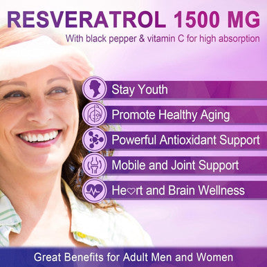 Resveratrol Gummies 1500Mg - Sugar Resveratrol Supplement With Quercetin, Grape Seed, Acai Berries Extracts Support Antioxidant, Healthy Aging & Longevity, Skin, Joint, Brain Wellness - 2Pack