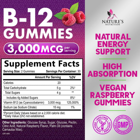 Vitamin B12 Energy Gummies 3000 mcg per Serving Extra Strength B 12 Gummy for Metabolism Immune Support Chewable Dietary B12 Supplements Natural Caffeine Free Gummy Berry Flavor 60 Gummies