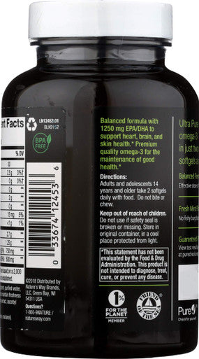 Nature's Way Ultra Pure Omega3 Fish Oil, 1250 mg EPA/DHA, Mint, 60 Softgels