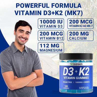 Sugar-Vitamin D3 K2 Gummies, Vitamin D3 10000Iu & Vitamin K2(Mk7) 200Mcg With Calcium, D3 K2 Vitamin Supplements For Adults - Bones Muscle Teeth Immune Support
