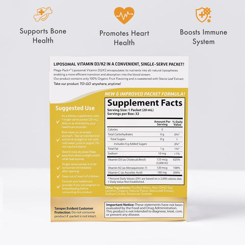 Aurora Nutrascience MegaLiposomal Vitamin D3/K2+ with Vitamin C Organic Fruit Flavor Gluten NonGMO 32 Single Serve Packets 21.7 oz (640 mL)